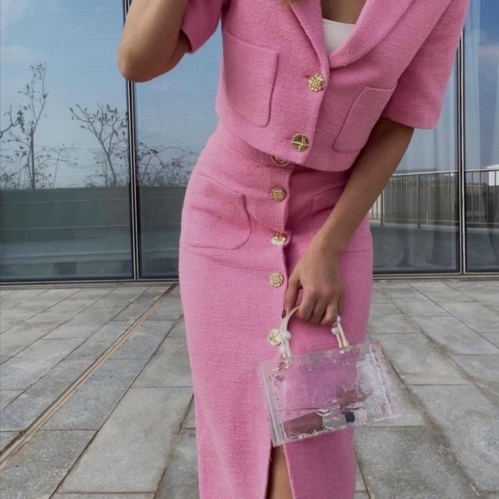 NWT pink Zara gold buttoned textured midi skirt - Picture 15 of 17